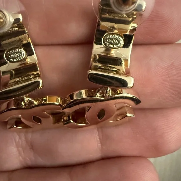 Naw upcycled Chanel Gold with rhinestone Crystal Logo Earrings - Picture 3 of 9